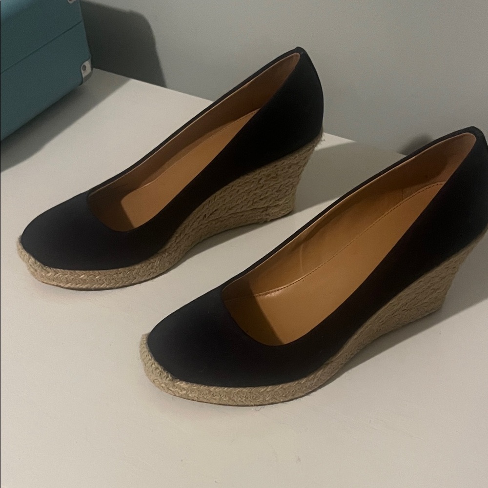 J. Crew Black Espadrille Wedge Pumps with Braided Jute Heel